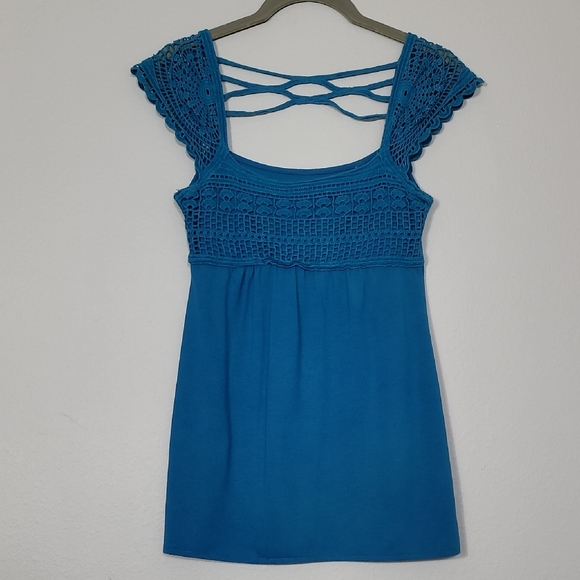 Energie Tops - Y2K Energie Babydoll Crochet Knit Top Size S Teal Blue Twilight Core Elena Goth